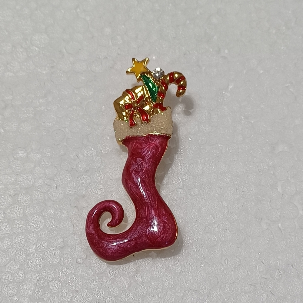 Festive Red Stocking Enamel Candy Cane Holiday Brooch